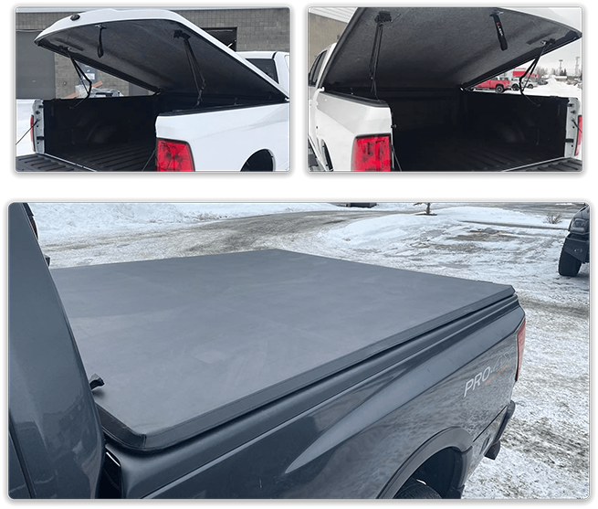 Alaska hard folding tonneau cover on a truck bed in winter conditions